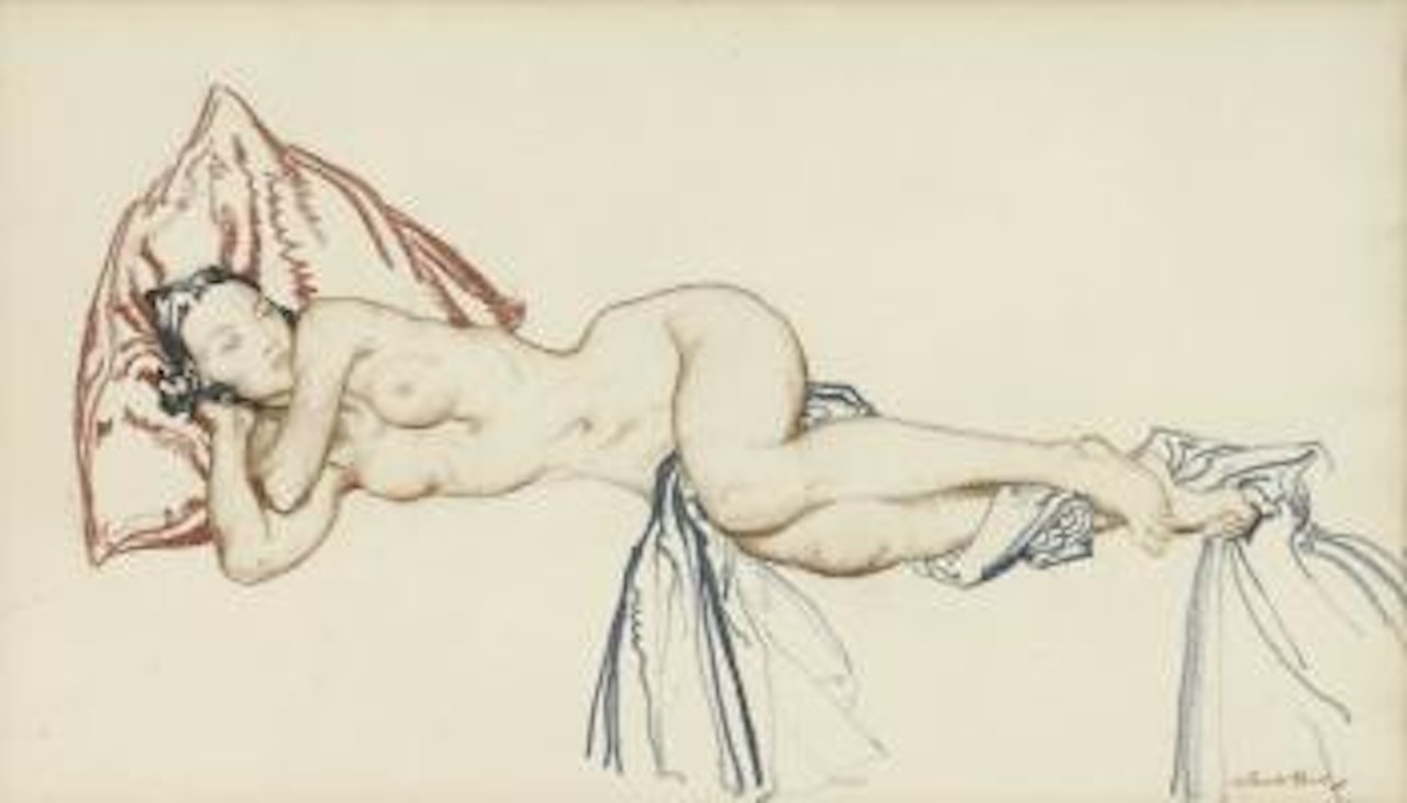 Reclining female nude, partially draped by William Russell Flint