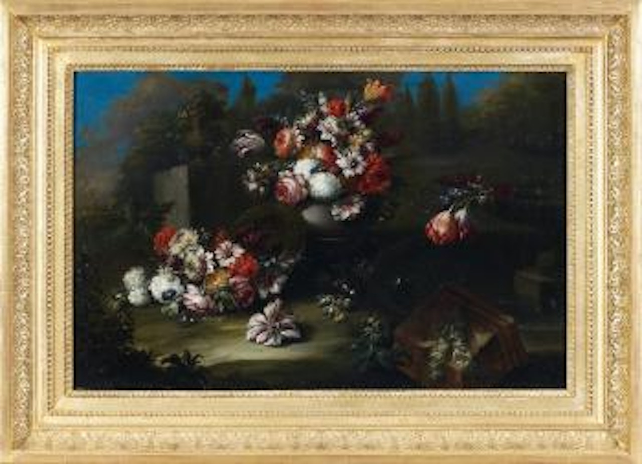 Composition florale sur fond de paysage by Gasparo Lopez