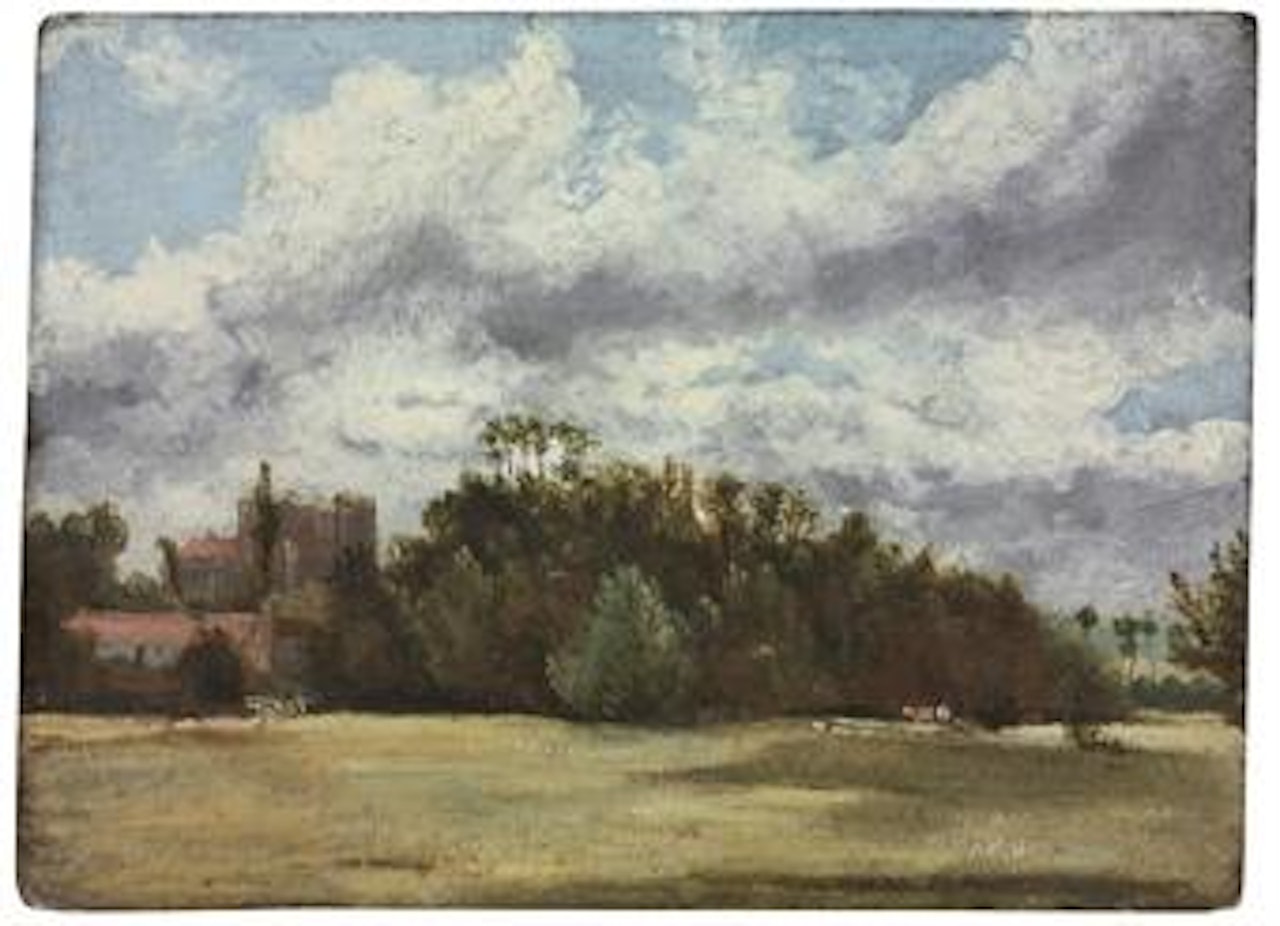 A wooded landscape with cattle, buildings to the left by John Constable