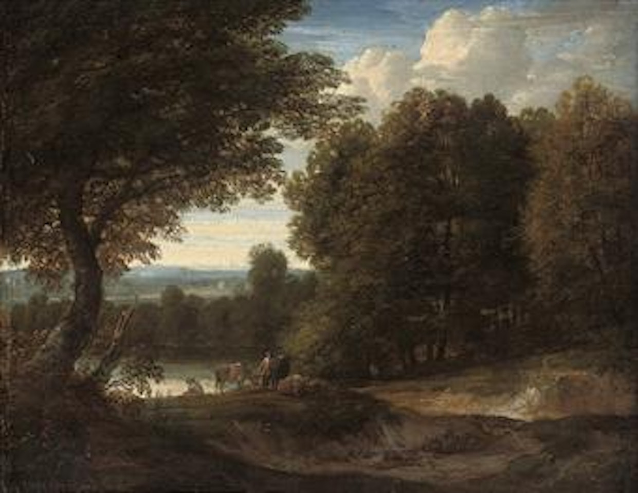 A wooded landscape with herdsman and their cattle by Pieter Bout
