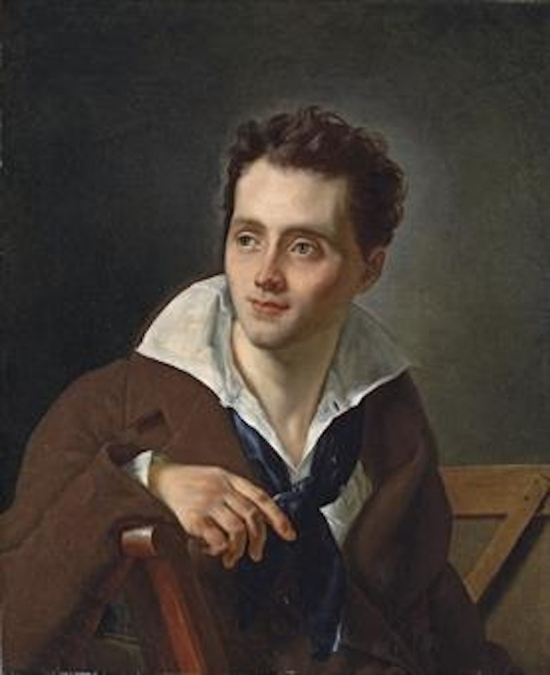 Portrait of an artist, half-length, seated, in a white shirt and brown coat, a portfolio stand behind by French School