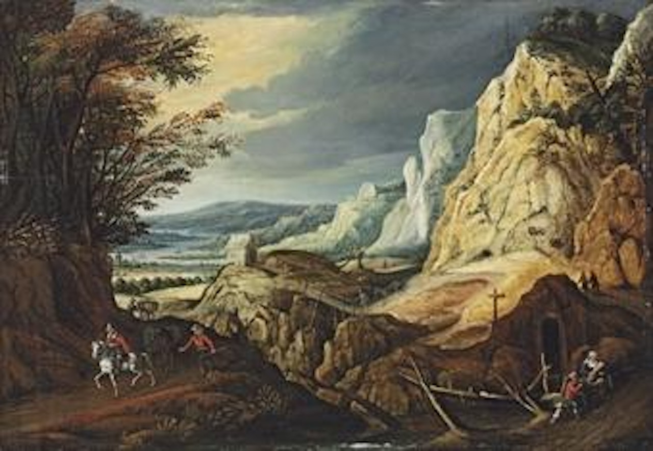 An extensive landscape with travellers on a path by Joos de Momper the Younger