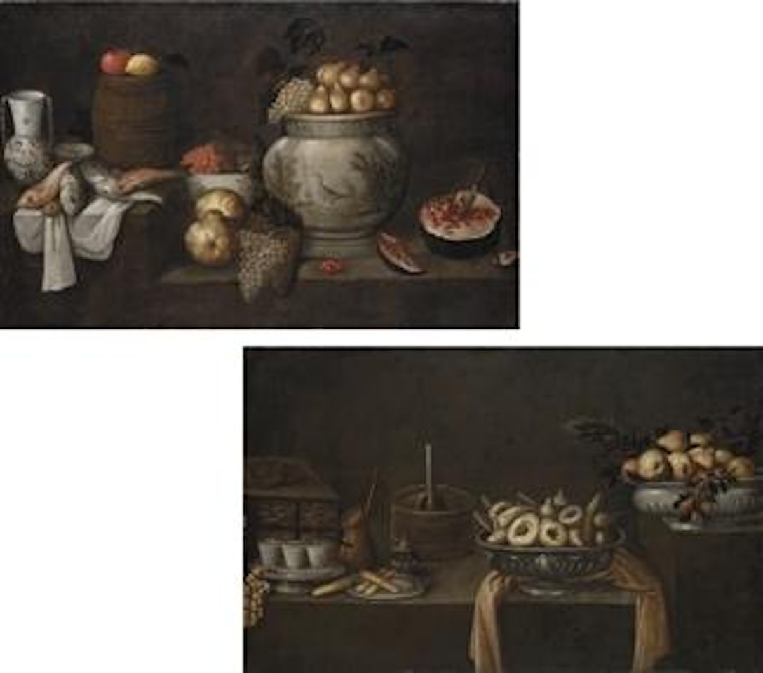 Fish, fruit, a barrel and earthenware vessels on a partly-draped stone ledge; and Fruit and pastries in raised silver platters, with a coffee service and other vessels on a partly-draped stone ledge by Spanish School