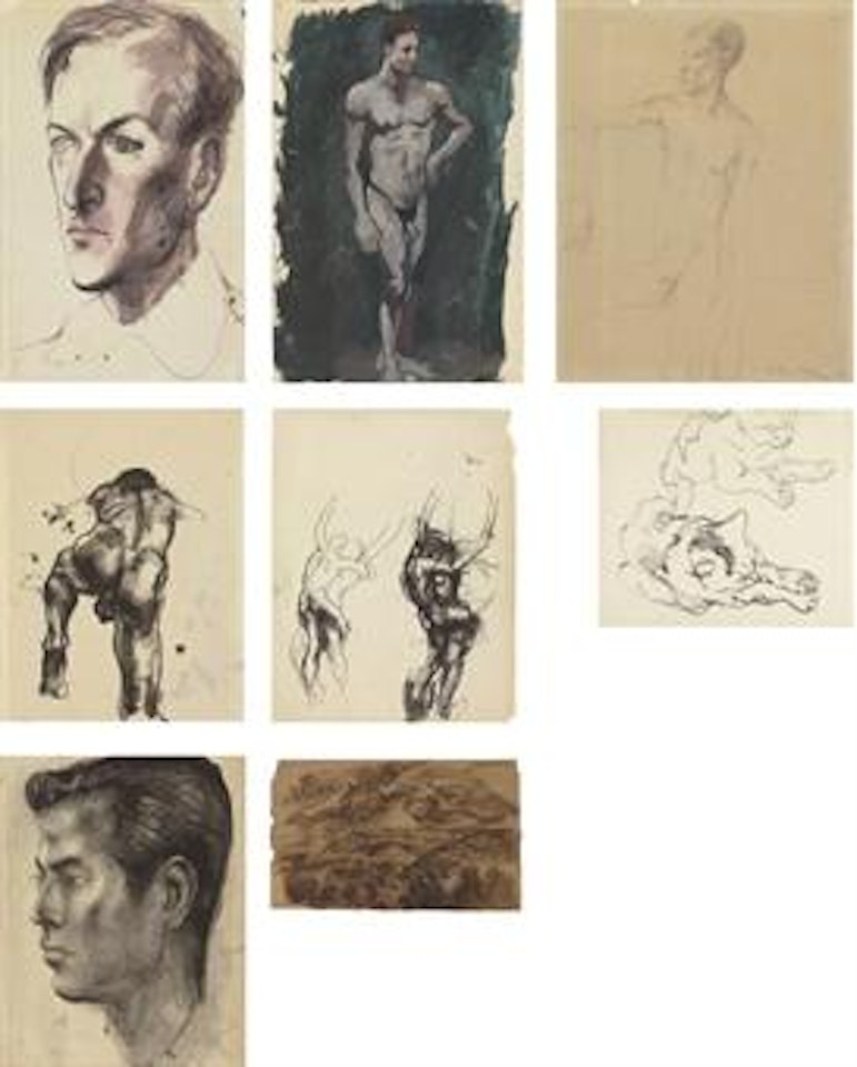 Head study of Sir Cecil Walter Hardy Beaton CBE (1904-1980); Study of a standing male; Study of a Seated male; Kneeling male nude figure; Coupling male figures; Portrait of Edward James; Cat study; and Landscape with mystical figures by Pavel Tchelitchew