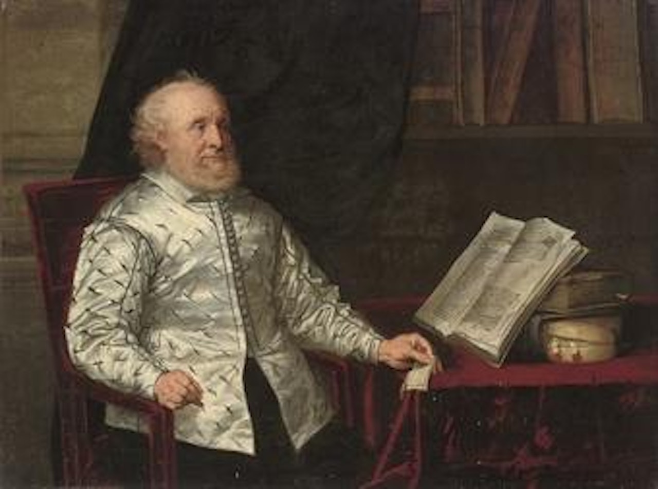 Portrait of a bibliophile, half-length, seated in a library with a folio, a seal in his hand by English School