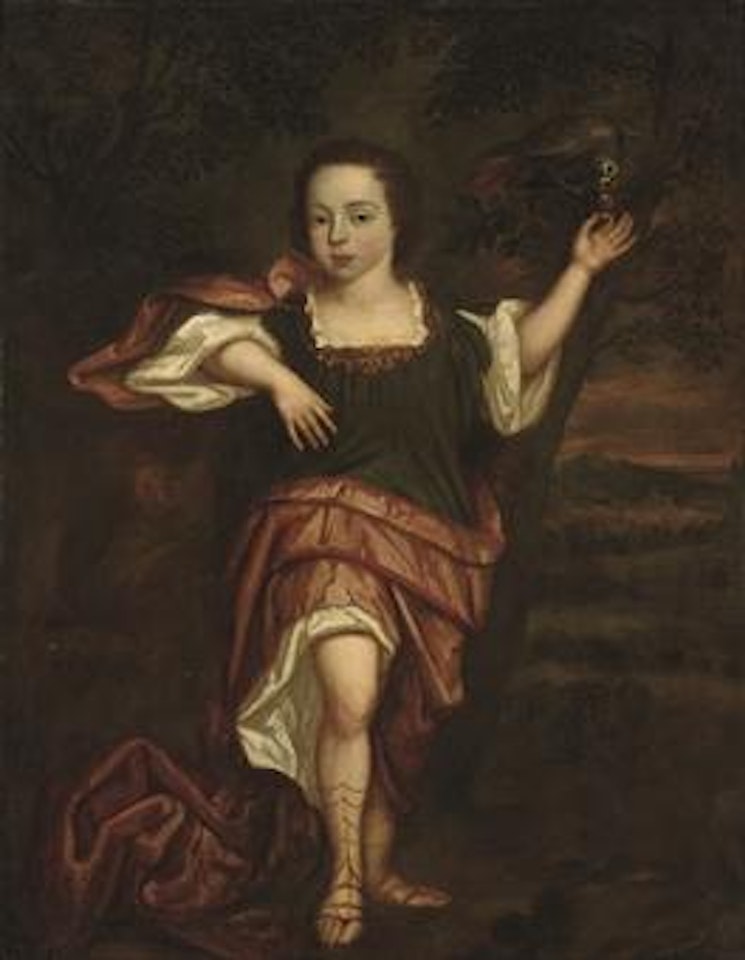 Portrait of a young boy, full-length, in classical dress, feeding a parrot, in a landscape by Abraham van den Tempel
