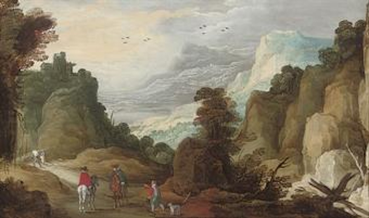 An extensive mountainous landscape, with travellers on a path, a hill-top fortress beyond by Joos de Momper the Younger