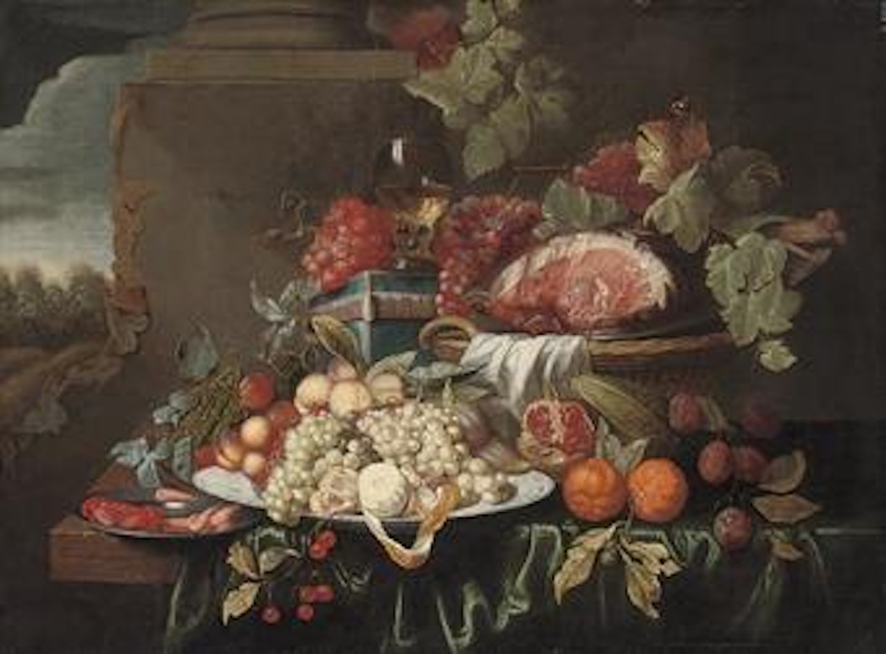 Grapes, a joint of ham, oranges, pomegranites, plums, a peeled lemon, figs, cherries and a crab on a partly draped ledge, by a column by Jan Davidsz de Heem