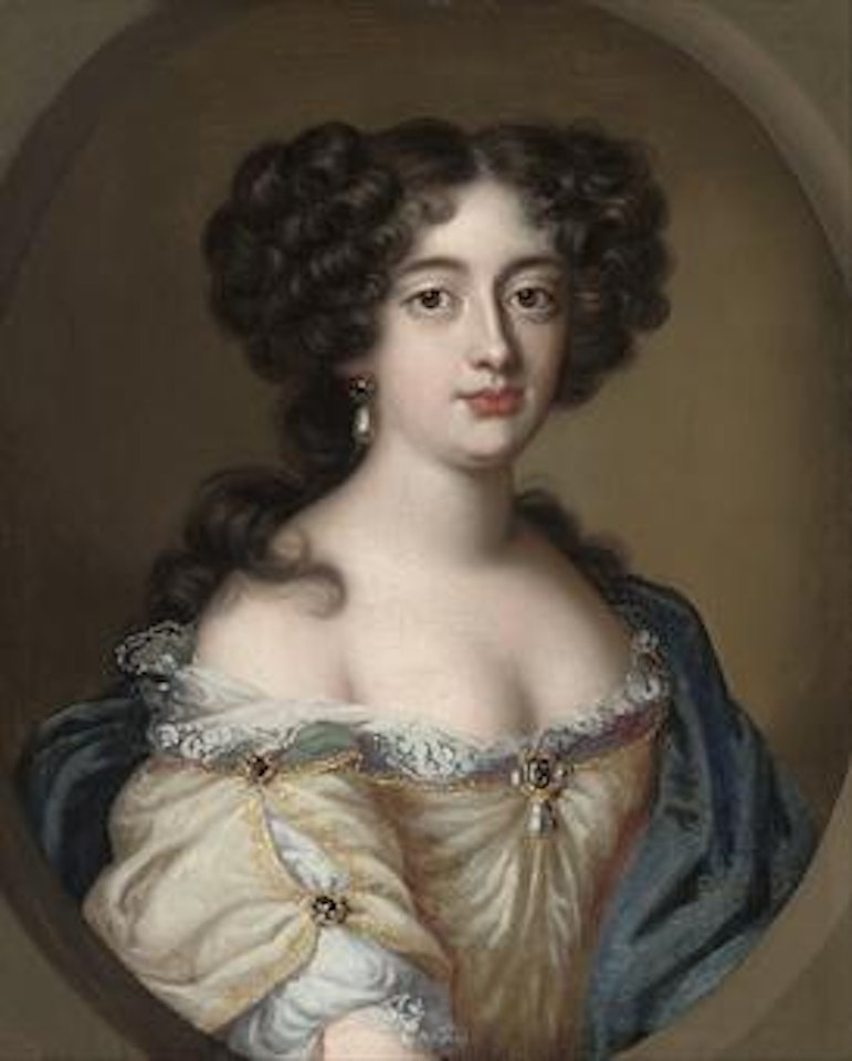 Portrait of a lady traditionally identified as Ortensia Mancini (1646-1699), half-length, in an ivory dress and blue mantle by Jacob Ferdinand Voet
