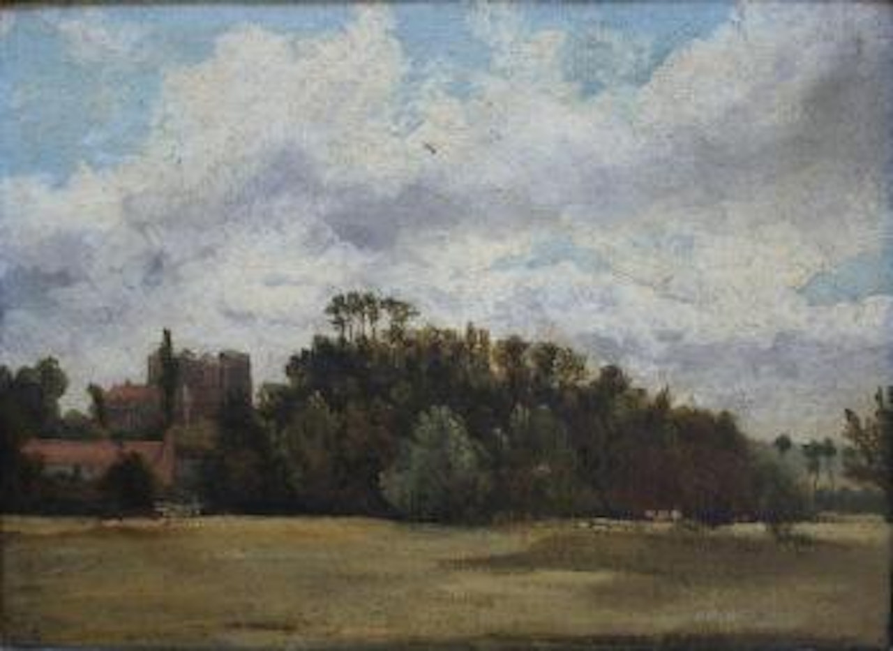 View of a house beyond trees, cattle grazing by Lionel Constable