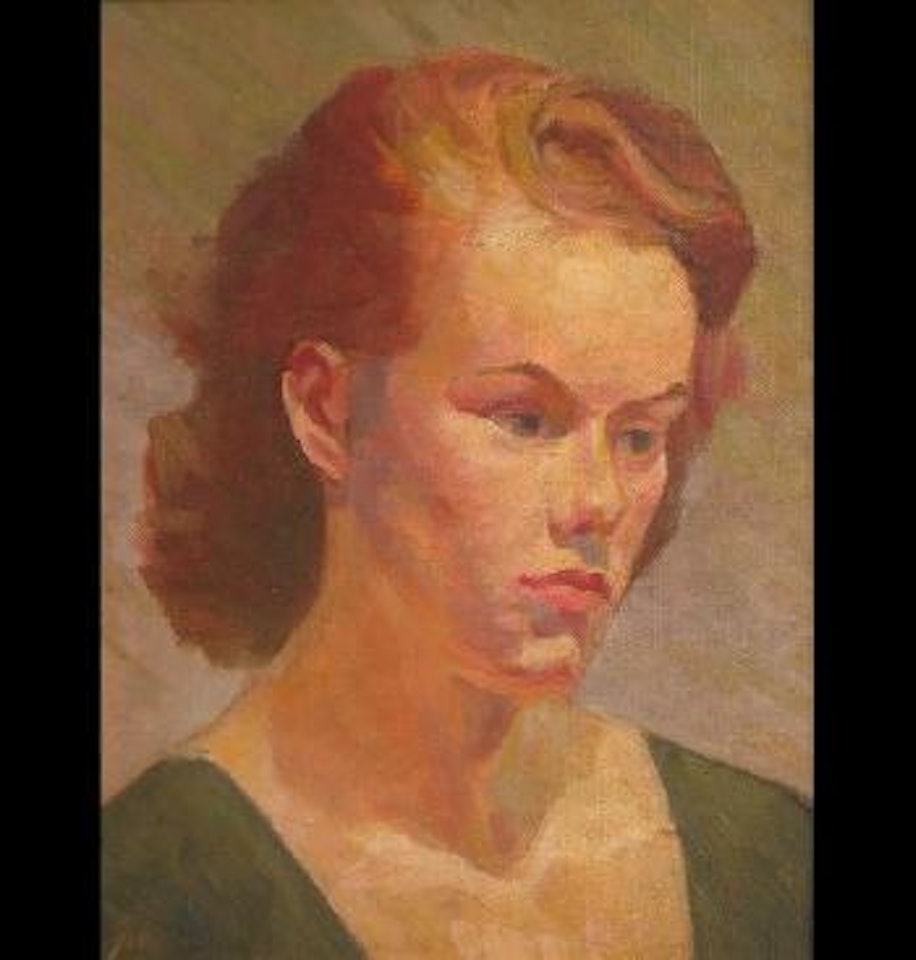 Portrait of a red headed female, head and shoulders, depicted wearing a green dress by Augustus Edwin John