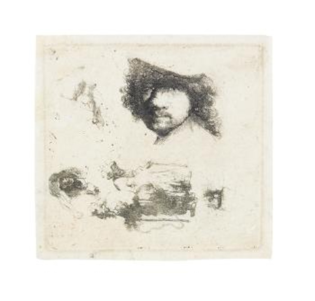 Sheet of studies: heard of the artist, a beggar couple by Attributed to Rembrandt Harmensz van Rijn