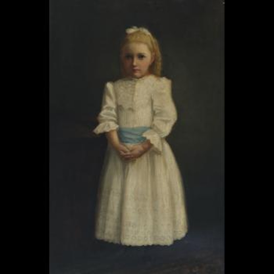 Young girl in white dress with blue sash by James Jebusa Shannon