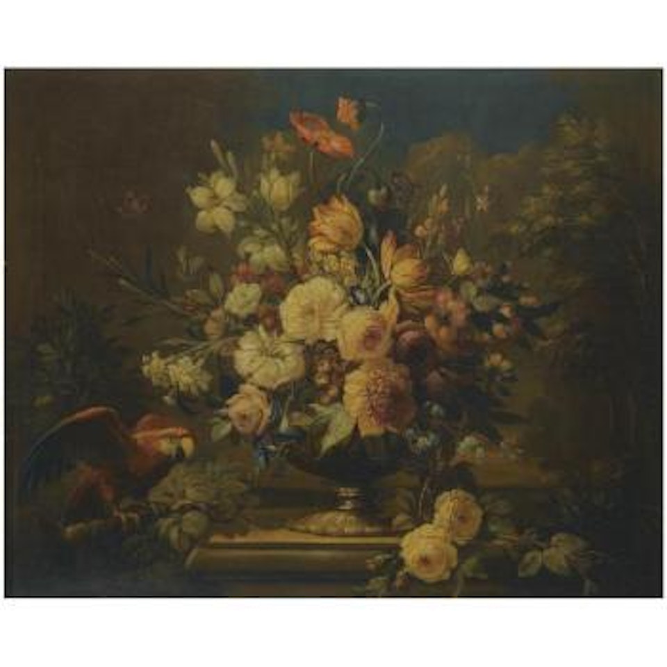 A Still Life Of Roses, Peonies, Tulips, Morning Glory And Other Flowers In A Vase On A Stone Ledge, Together With A Parrot Perched On A Branch by Dutch School