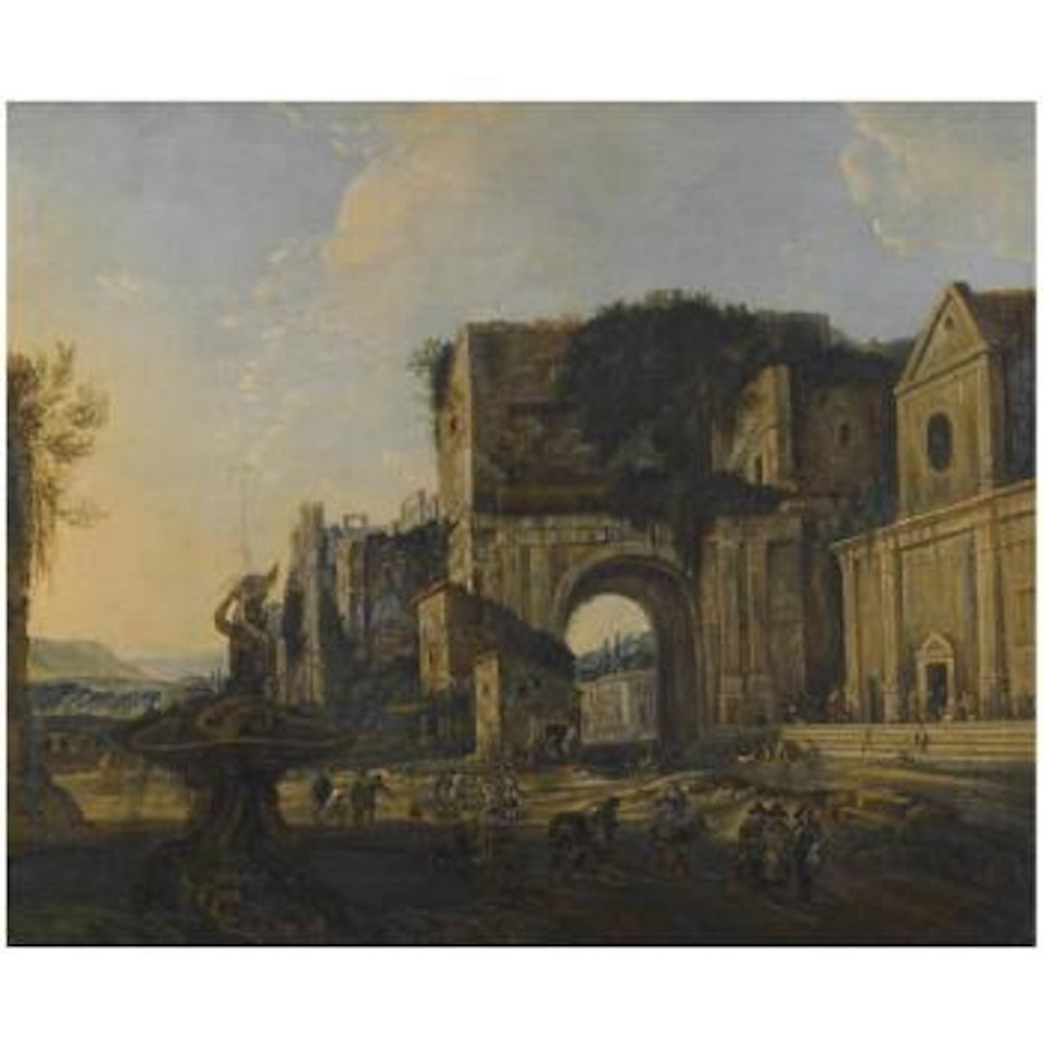 An Extensive Capriccio Landscape With Classical Ruins And A Fountain And Figures In The Foreground by Neapolitan School