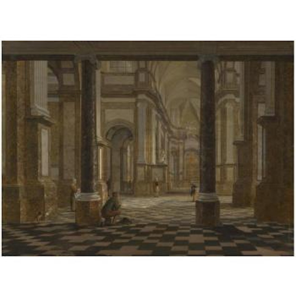 A Church Interior With A Man Kneeling At Prayer In The Foreground by Dutch School