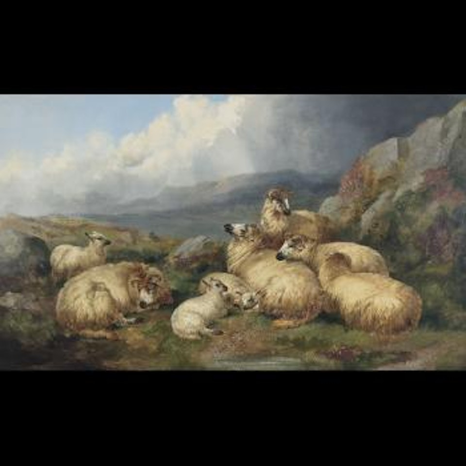 Sheep and lambs on a rocky highland outcrop by Thomas Sidney Cooper
