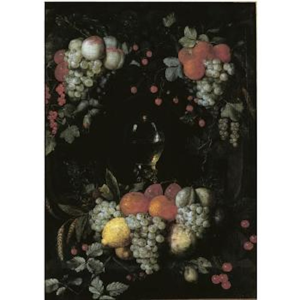 A Still Life With A Roemer, Oranges, Grapes, Plums, Lemons And Other Fruit In A Niche Surrounded By Garlands Of Fruit by Jan Pauwel Gillemans