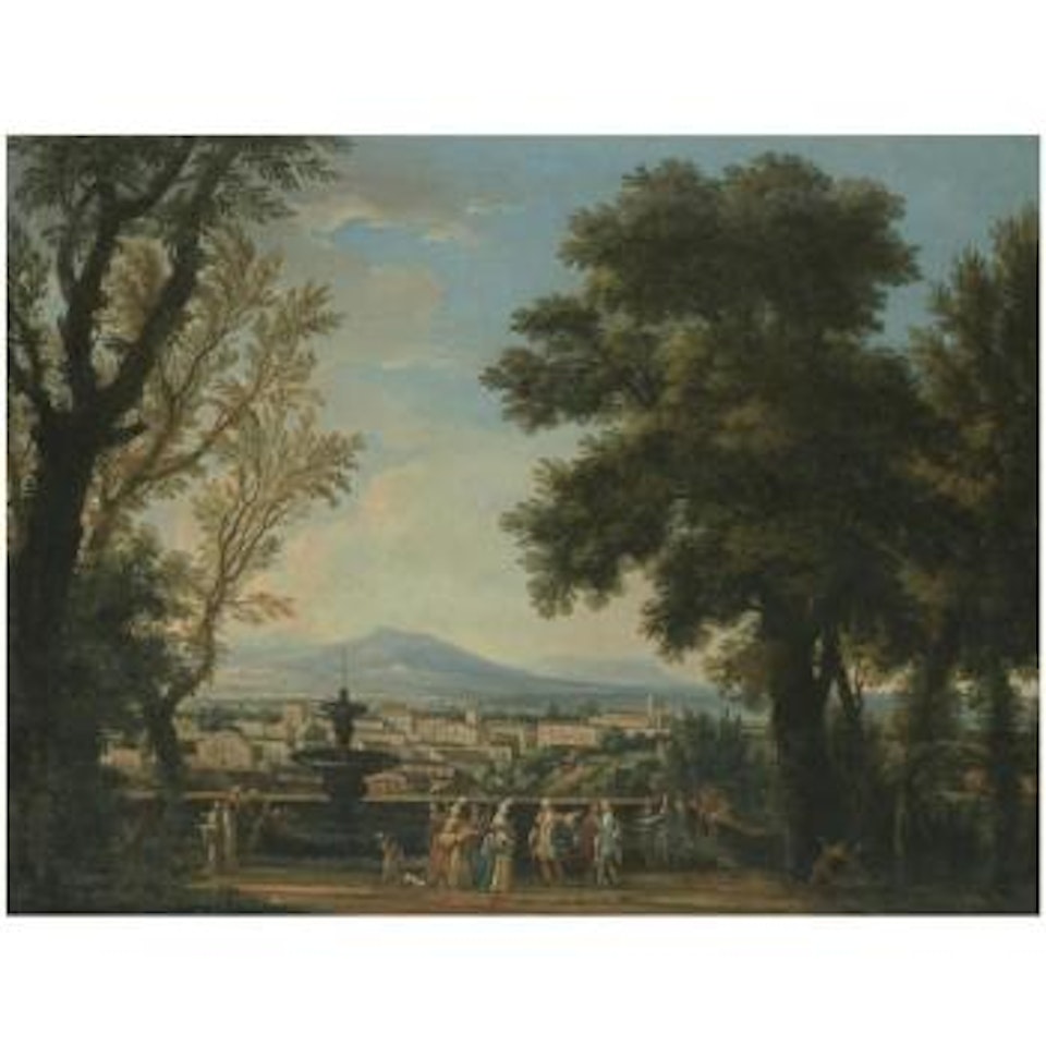 An Extensive Italianate Landscape With Elegant Figures On A Terrace Overlooking A Town by Isaac de Moucheron
