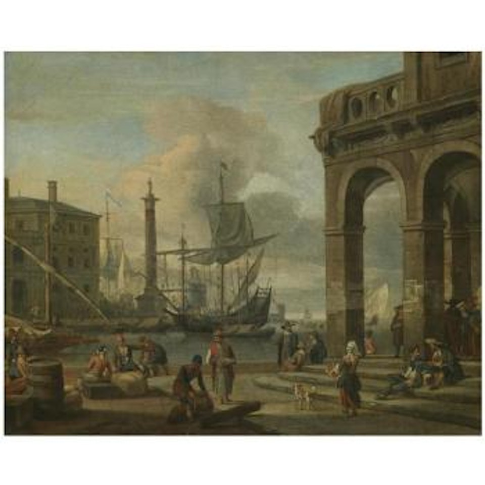 A Mediterranean Harbour Capriccio With Figures Unloading Cargo In The Foreground by Abraham Storck