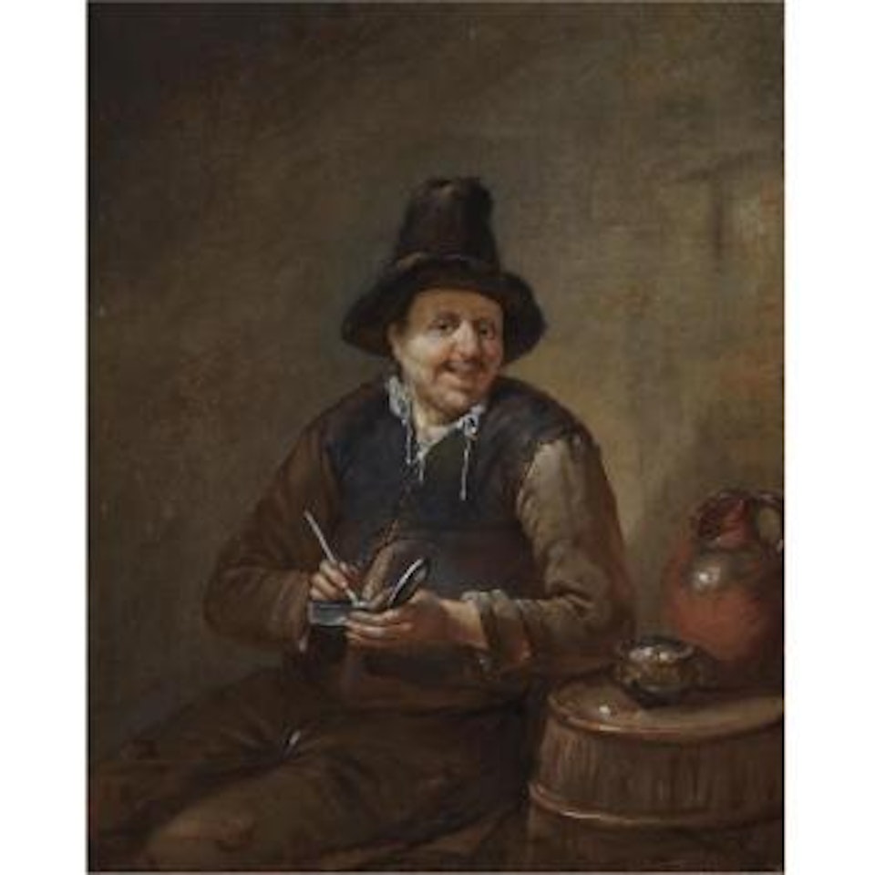 A Peasant Filling His Pipe, Sitting Next To A Barrel by Egbert van Heemskerk III