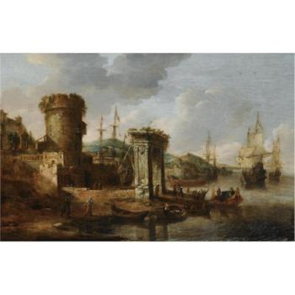 A Capriccio Of A Mediterranean Harbour With Elegant Figures Embarking A Boat, A Roman Triumphal Arch, And Dutch Men-of-war Beyond by Jan Abrahamsz. Beerstraten