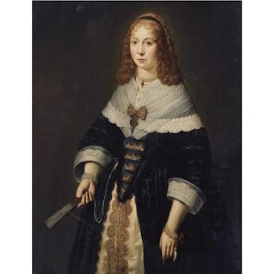 Portrait Of A Lady, Standing Three-quarter Length, Wearing A Richly Embroidered Black Dress, With Lace Collar And Cuffs, Holding A Fan by Dutch School