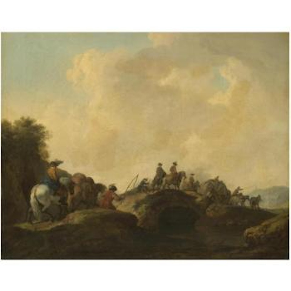 A Landscape With Travellers On A Path Crossing A Bridge by Francesco Giuseppe Casanova