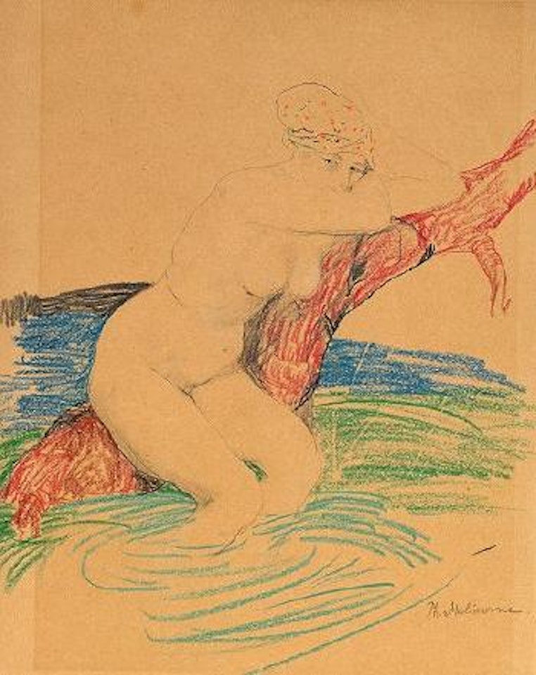 Female nude in cap seated on tree trunk in water by Filip Malyavin