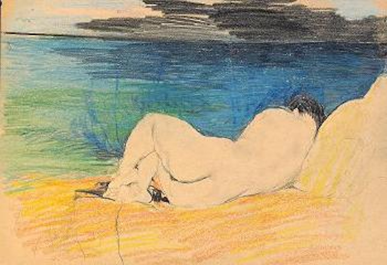 Reclining female nude, back view, at seashore by Filip Malyavin