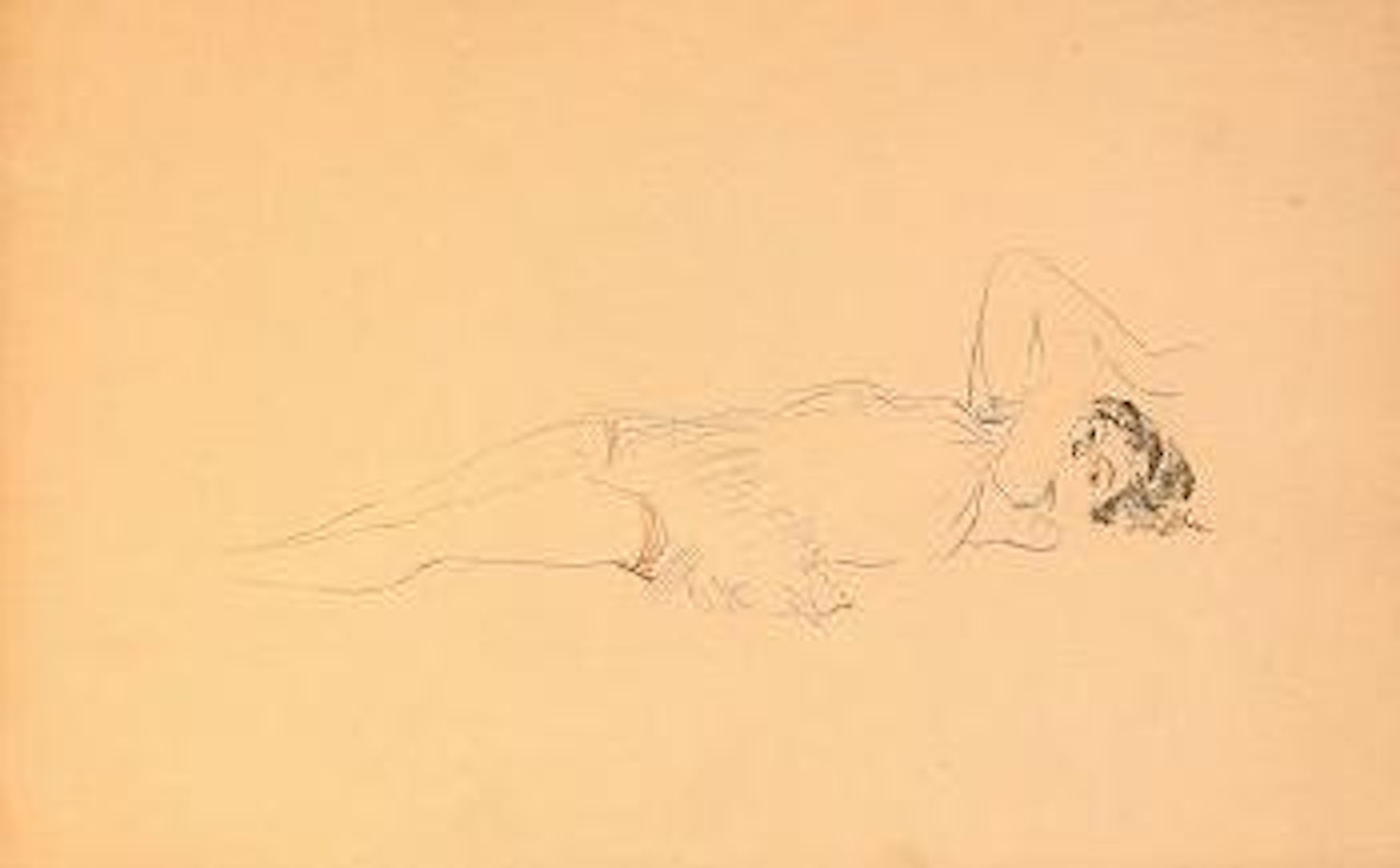 Girl in short dress reclining on back, elbows raised by Filip Malyavin
