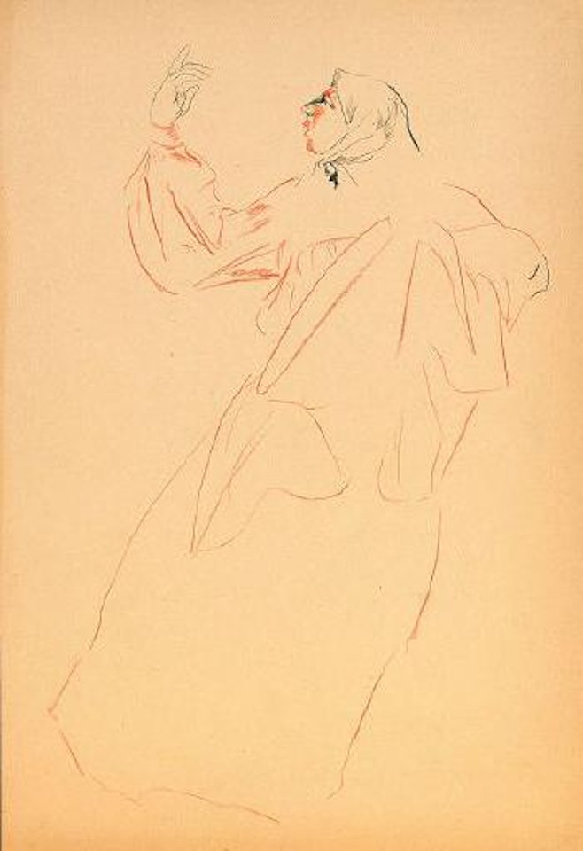 Woman in kerchief and wide-sleeved gown gesticulating by Filip Malyavin