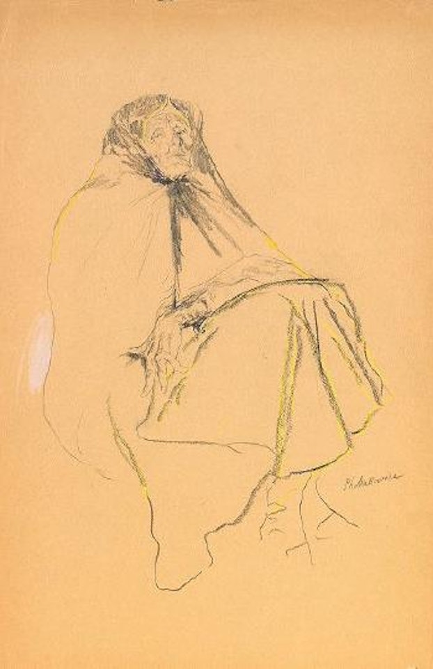 Old woman in shawl seated on ground, hands across knees by Filip Malyavin