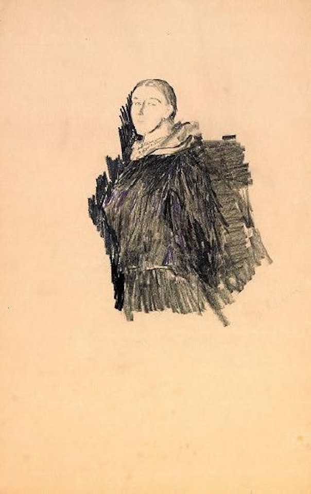 Head and torso of a woman in black cloak and necklace by Filip Malyavin