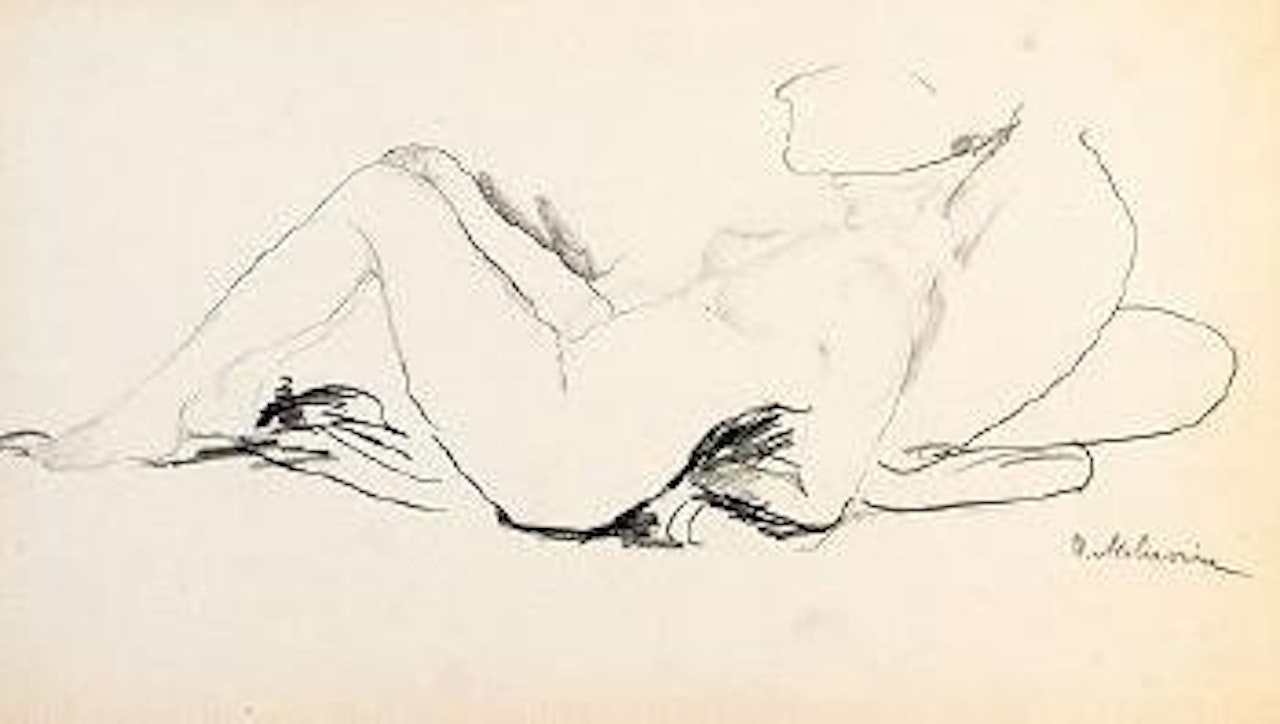 Reclining female nude in profile with hat and pillows by Filip Malyavin