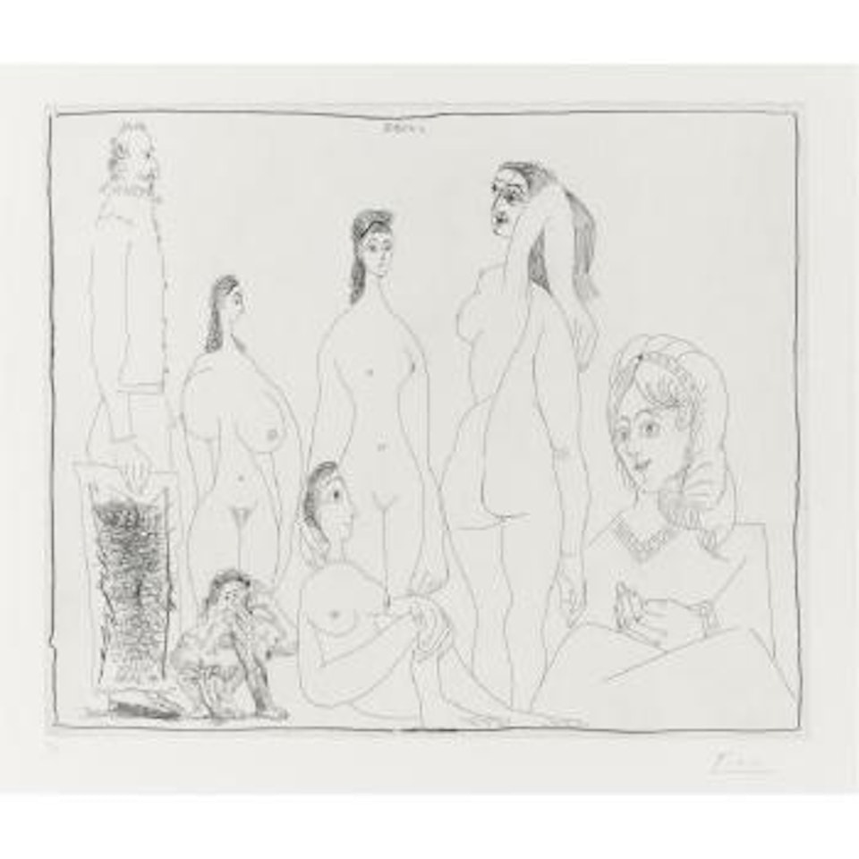 Peintre Longiligne Avec Des Femmes, Dont Une 'Petite Pisseuse' (Serie 347) (B. 1555; Ba. 1571) by Pablo Picasso