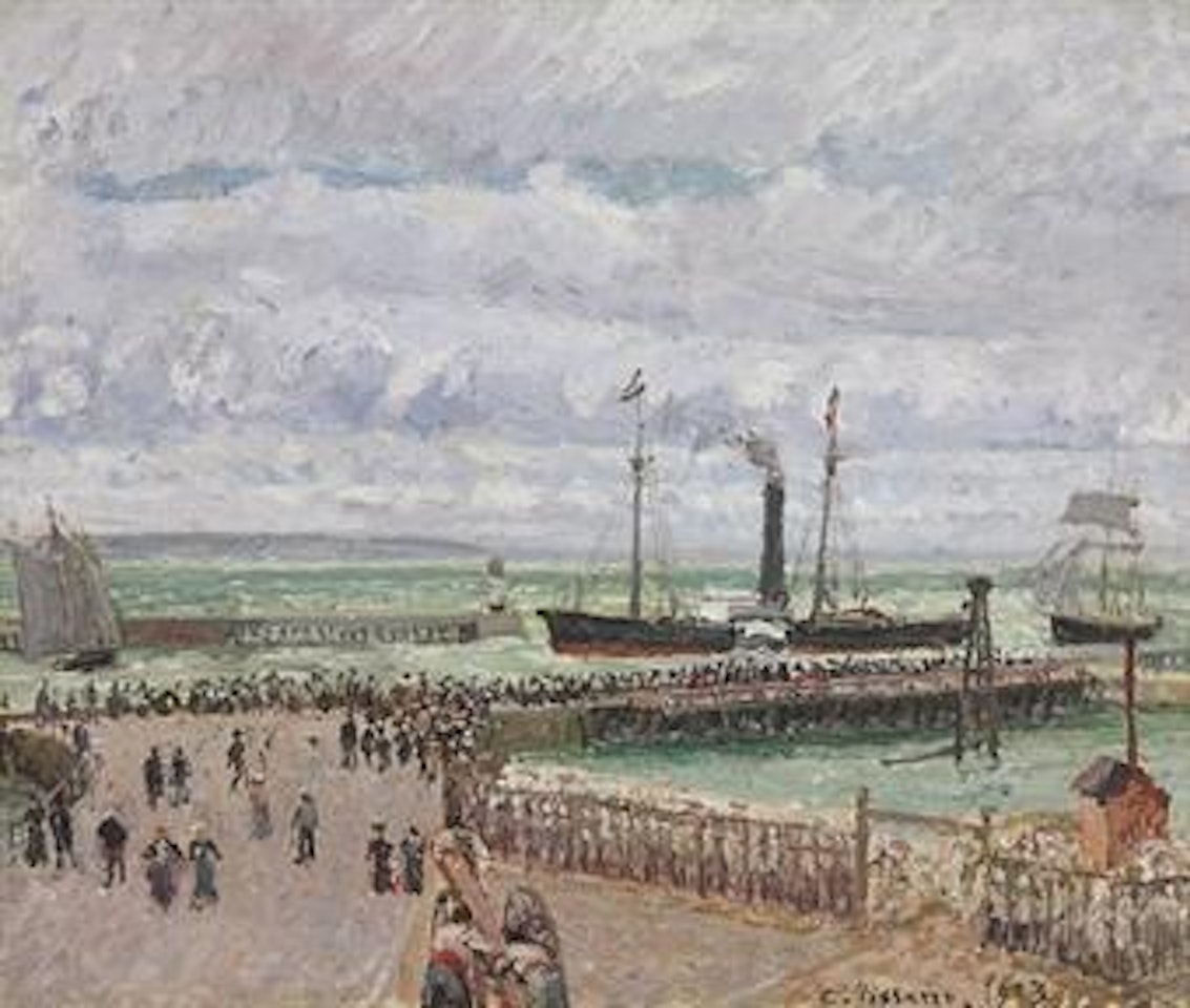 Éntrée du port du Havre et le briselames ouest, temps gris lumineux by Camille Pissarro