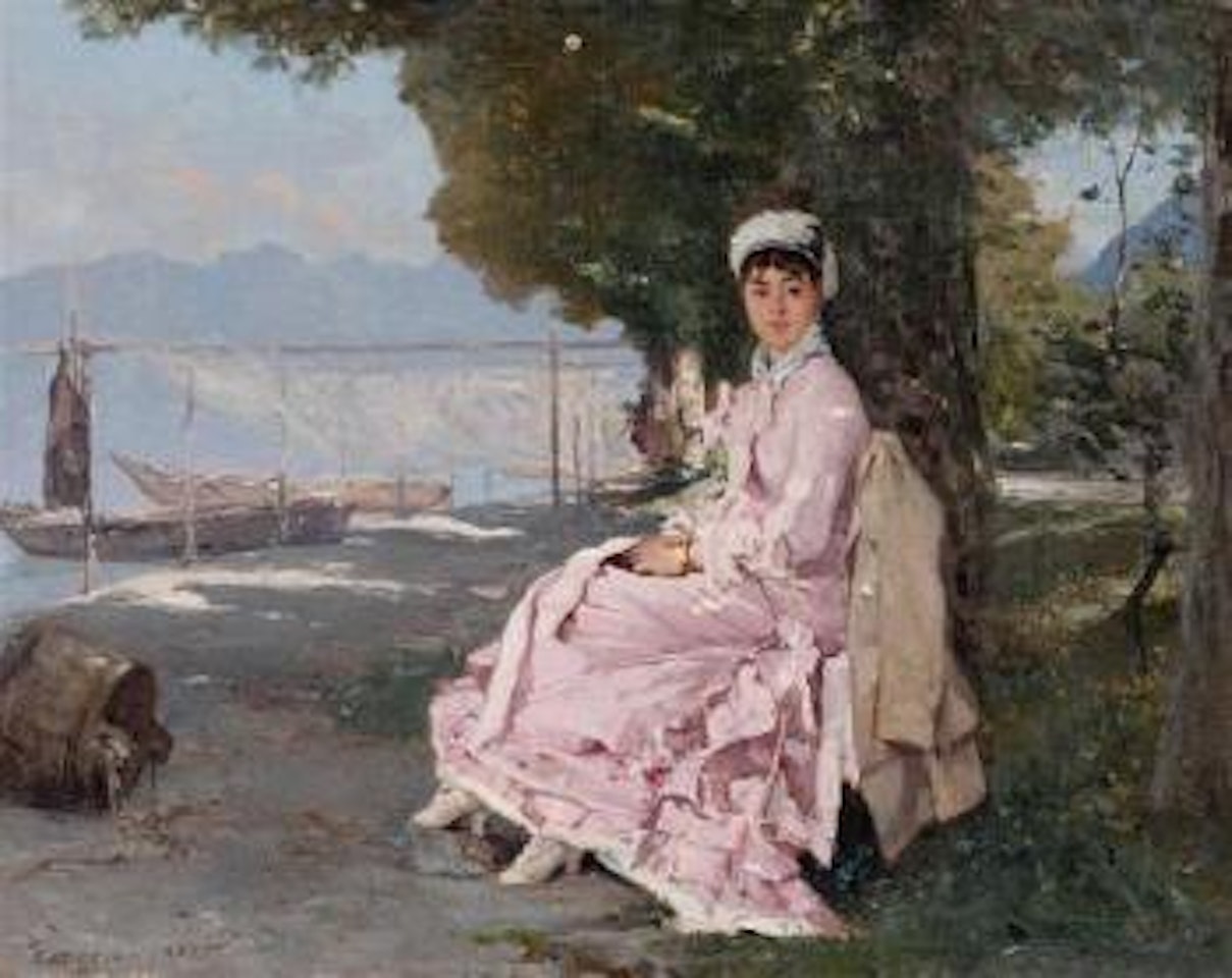 Uferpromenade mit einer feinen Dame in rosafarbenem Kleid by François Bocion