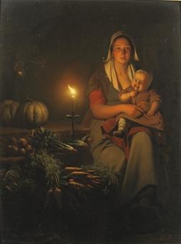Mother and child at the night-market by Petrus van Schendel