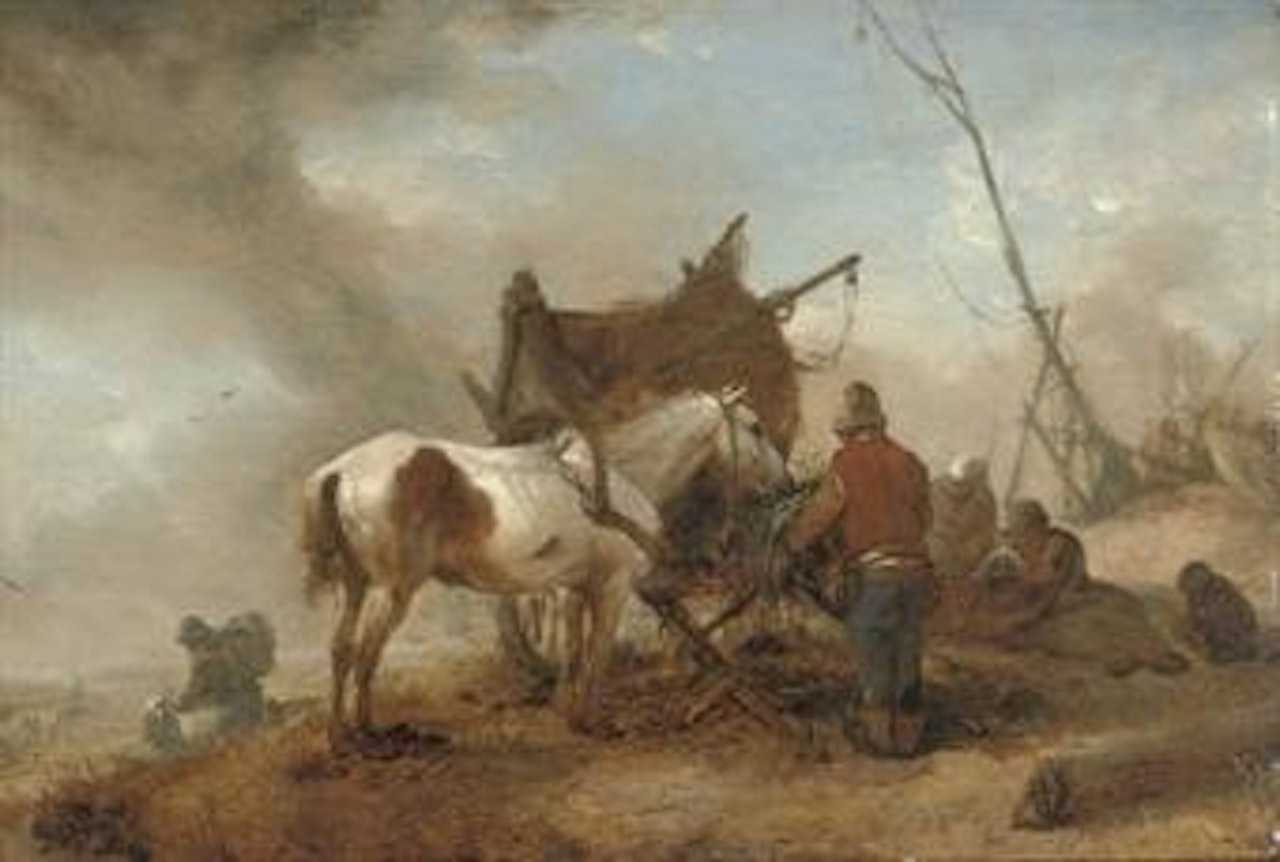 A peasant attending a horse in a dune landscape by Philips Wouwerman
