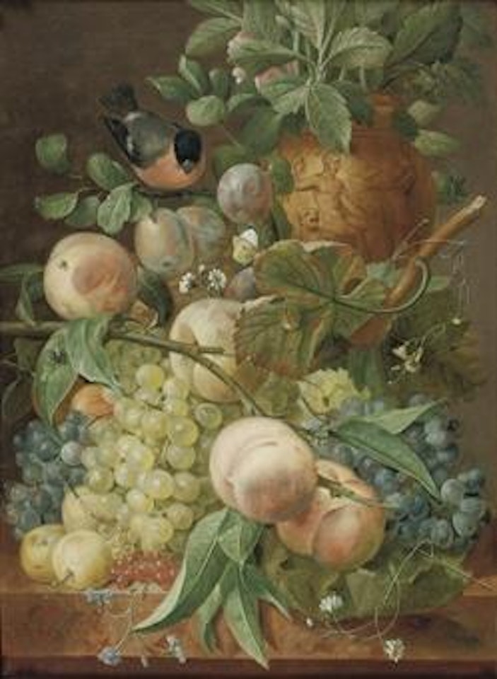 Grapes, peaches, berries and other fruit with a bird near a sculpted vase, all on a marble ledge by Jean François Eliaerts