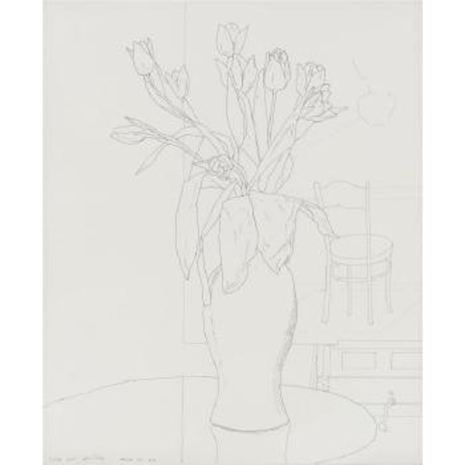 Tulips And Painting by David Hockney