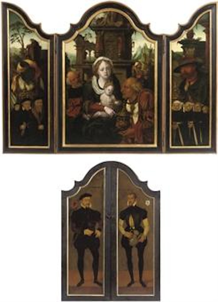 The Adoration of the Magi with donors and two male donors on the outer wings by Attributed to Pieter Coecke van Aelst I