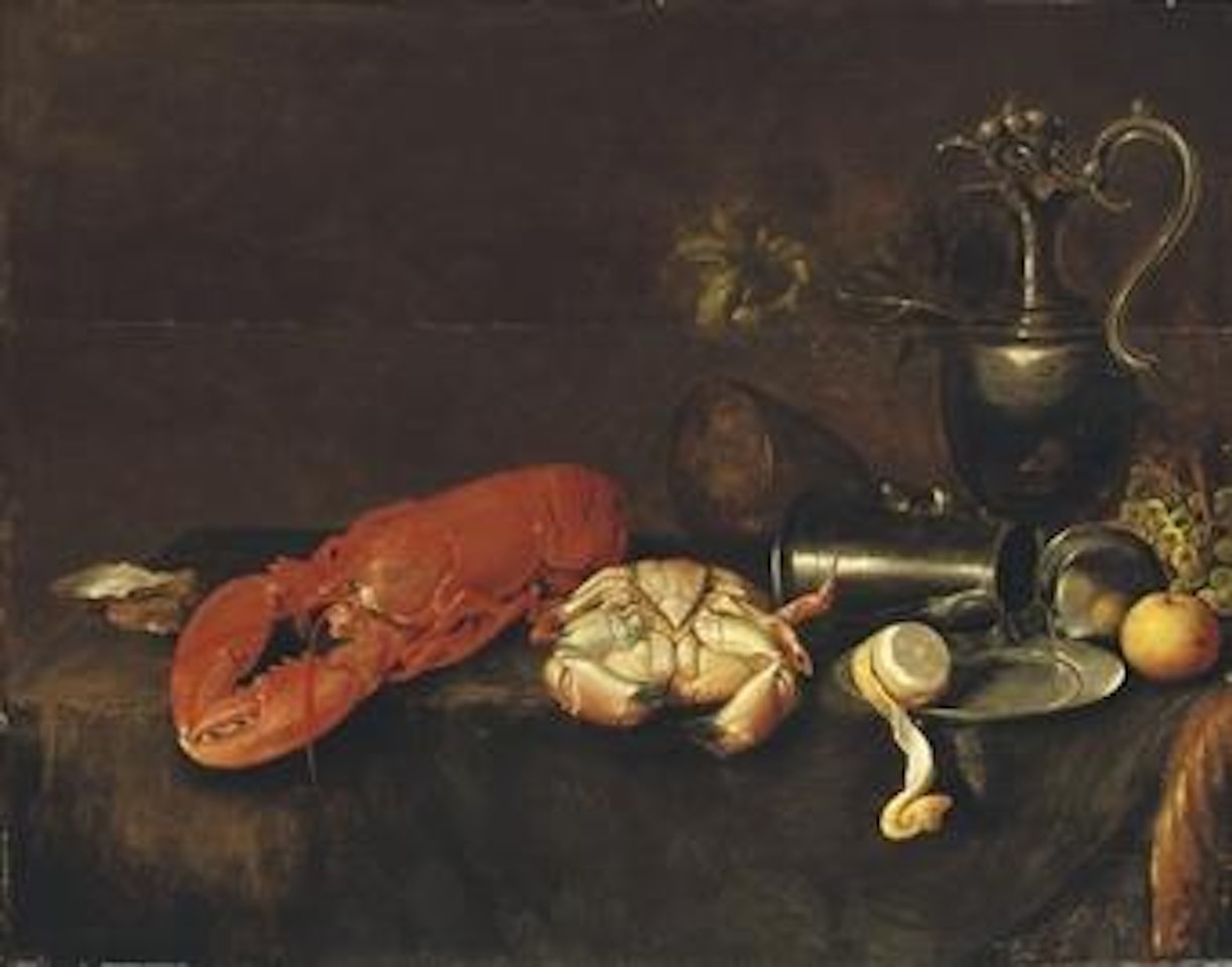 A lobster, a crab, an oyster, a pewter pitcher and various fruits on a draped table by Jan Davidsz de Heem