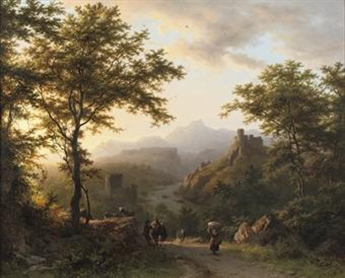 Een bergachtig landschap bij ondergaande zon: panoramic landscape at dusk by Barend Cornelis Koekkoek