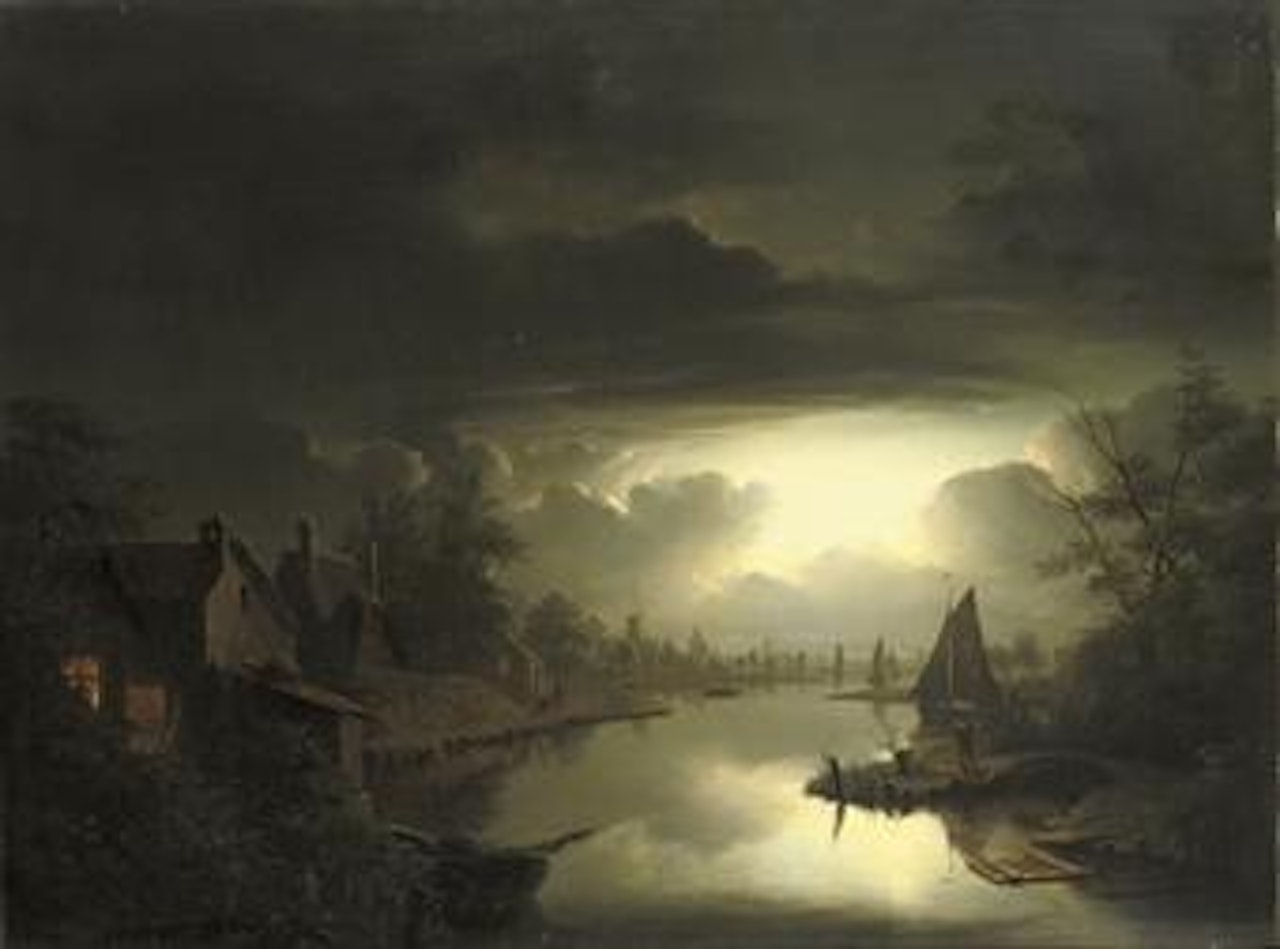 Maaneffect: a Dutch riverside-town by nightfall by Petrus van Schendel