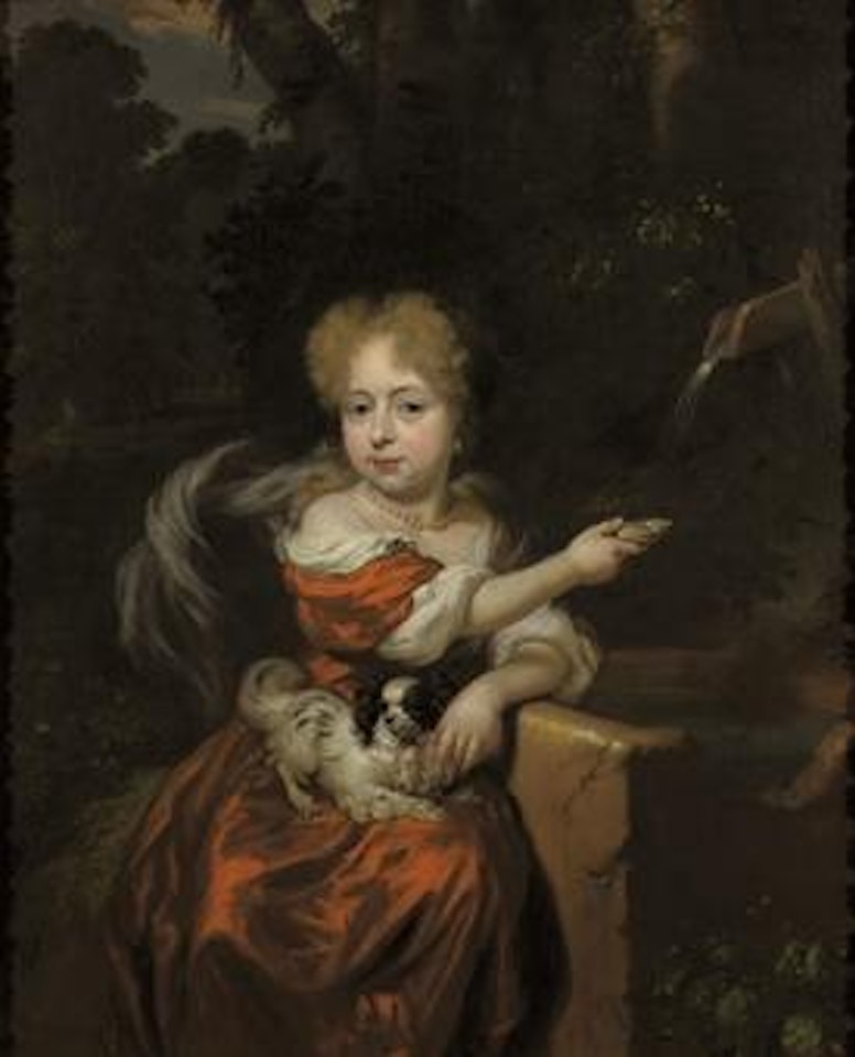 Portrait of a girl, three-quarter length, in a red satin dress by a fountain, a dog on her lap by Nicolaes Maes