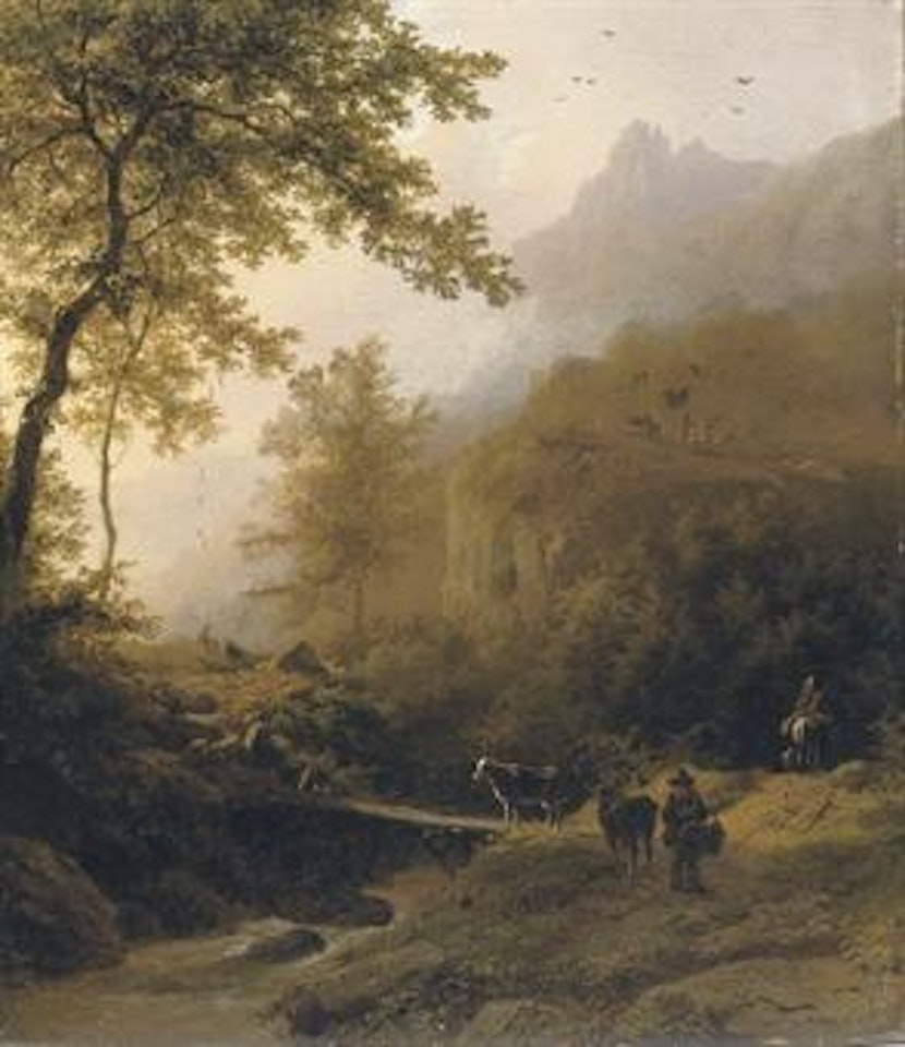 Bergachtig landschap bij ondergaande zon: the sunset by Barend Cornelis Koekkoek