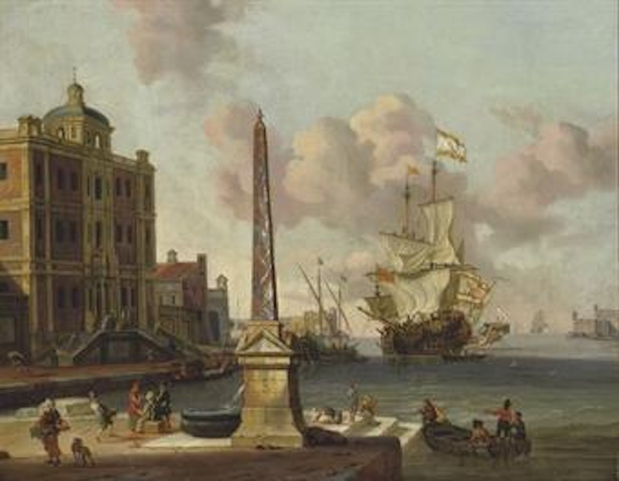 A Mediterranean harbour with a Man O'War approaching by Abraham Storck