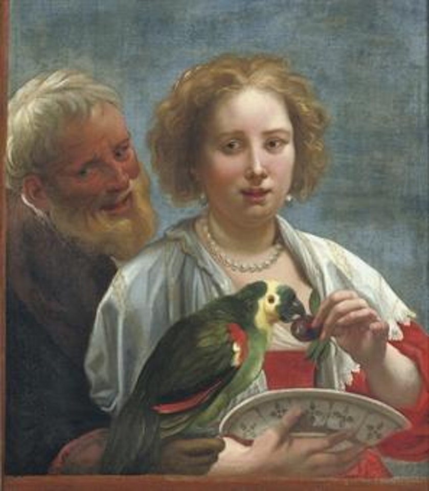 A bearded man and a woman feeding cherries to a parrot by Jacob Jordaens